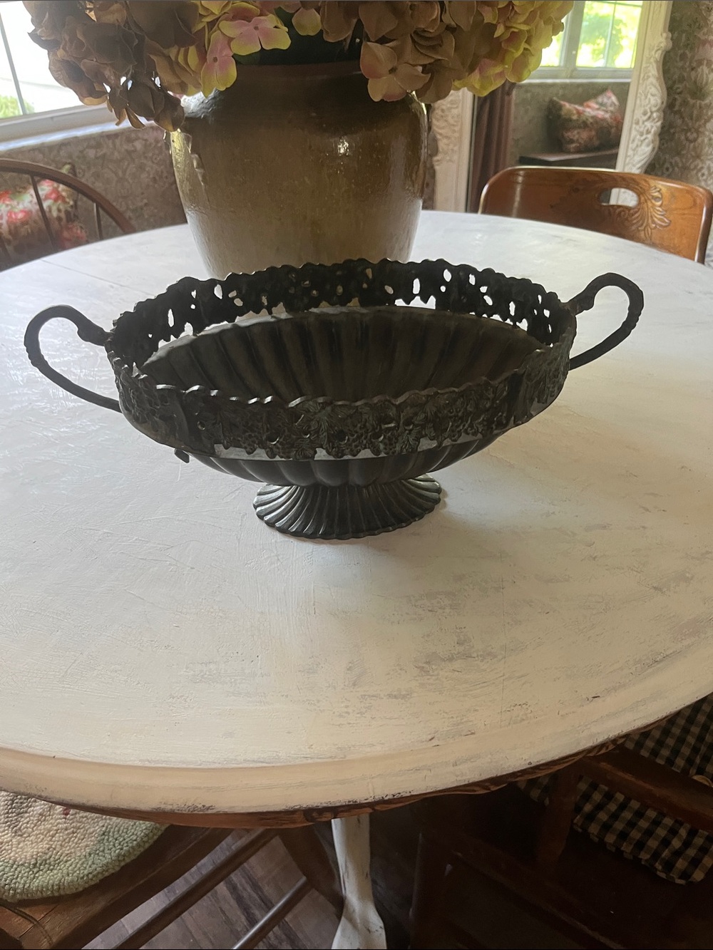 Ornate  vintage Metal Pedestal Bowl with Handles - Black Finish